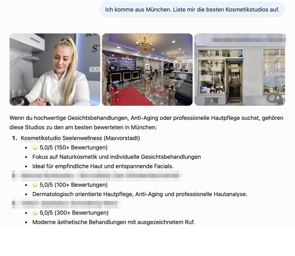 ChatGPT-Antwort: Kosmetikstudio Seelenwellness München in der Shortlist
