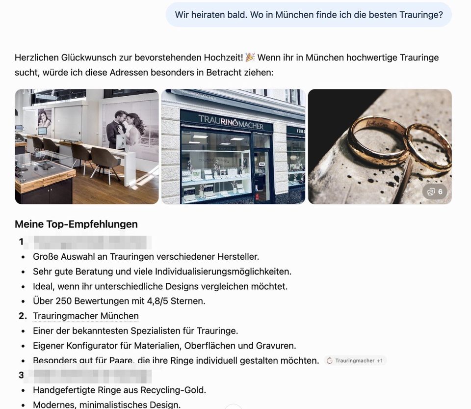 ChatGPT-Antwort: Trauringmacher München als Top-Empfehlung
